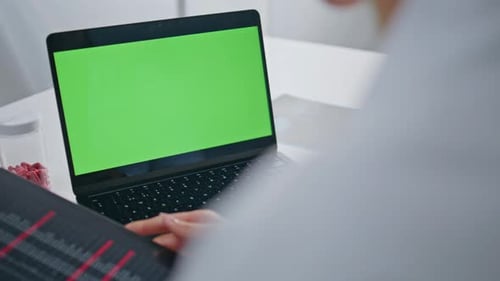 Doctor Virtual Consultation Chroma Key Laptop in Healthcare Polyclinic Closeup