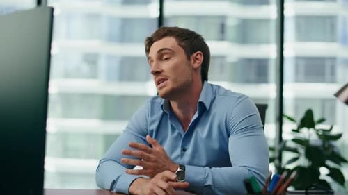 Manager Talking Online Meeting Sitting in Office Closeup