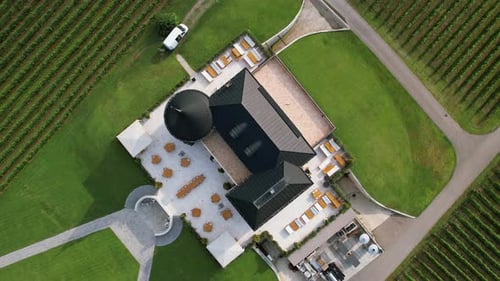 Vue par drone de la cave et des vignobles de Chateau Buera dans les montagnes verdoyantes près du lac Lopota, Kakhe