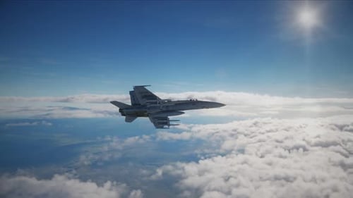 Fighter Jet Flies Above Cloudline in Sunny Sky