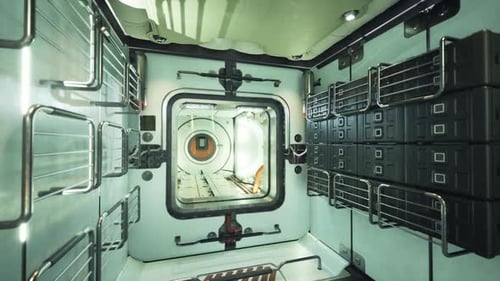 Intérieur d'un module de station spatiale futuriste avec rangement et grande fenêtre