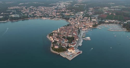 Aerial view of Porec at sunset in Istria, Croatia.