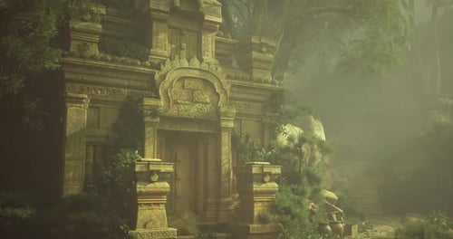 Ancient Temple Ruins Surrounded By Lush Greenery in Misty Atmosphere