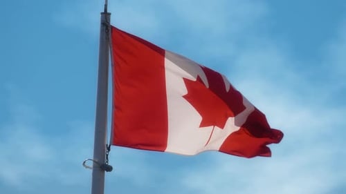 Canadian Flag Waving in the Wind on Sunny Day