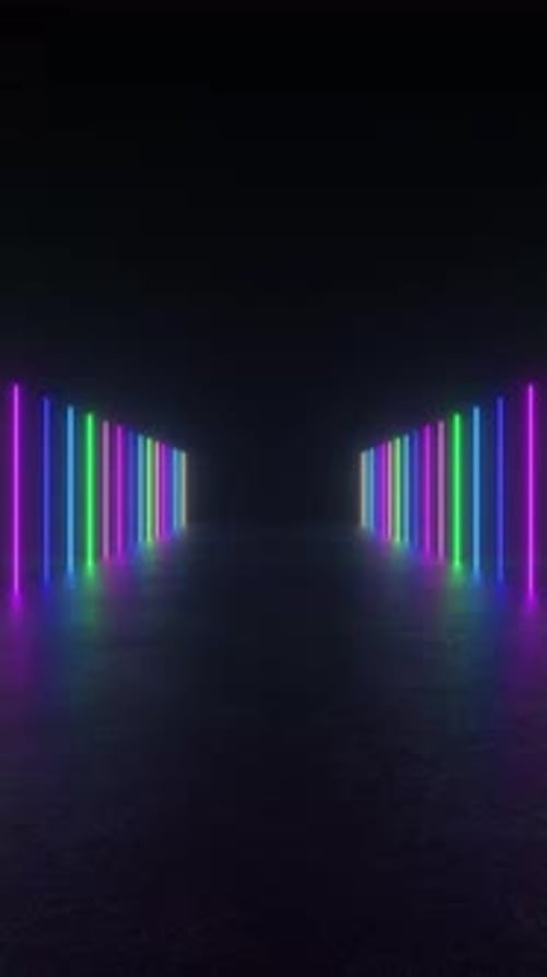 Experience a futuristic tunnel of neon lights glowing on concrete floor with reflections.