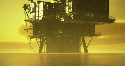 Offshore Oil Rig Platform at Golden Hour Sunset