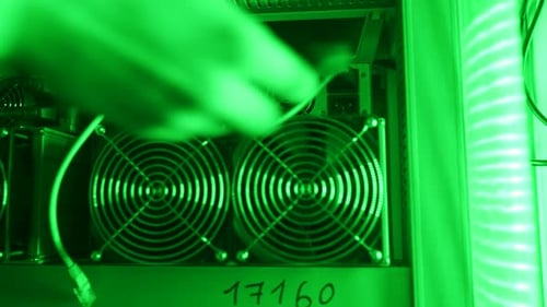 Bitcoin Mining Equipment Service on Cryptocurrency Farm Technician Inserts Power Plug Cable