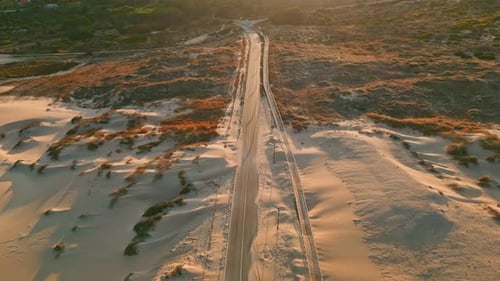 Golden Sunlight Sandy Trail Drone View Aerial Beautiful Road Between Dunes