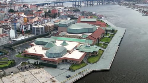 Halic Congress Center and Golden Horn Bridge zoom-in shot