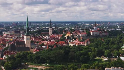 Aerial Panoramic View of Historic Tourist Sights in Picturesque Old Town City with a Lot of Green