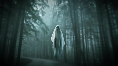 Ghost Flying Over Road in Scary Dark Forest Towards Camera