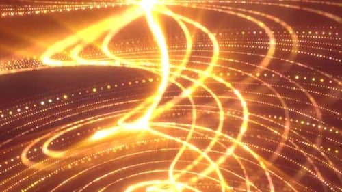 Hellgelb leuchtende Fäden in einem geschichteten Spiralmuster, das digitale Energie ausstrahlt