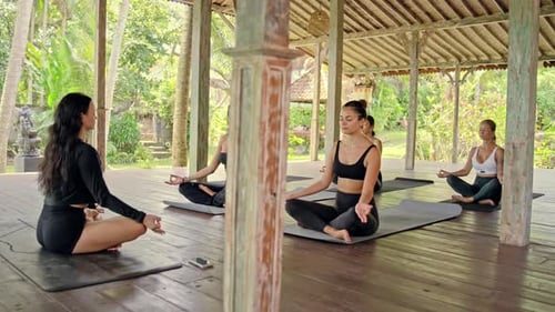 Women Meditating During Yoga Class in Tropical Setting