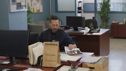 Police Officer at Desk Reads Files, Takes Call