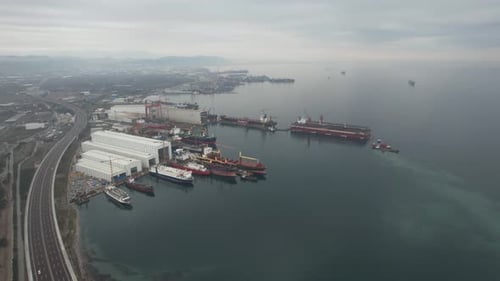 Aerial View of Harbor Shipyard Coastal Industrial Zone