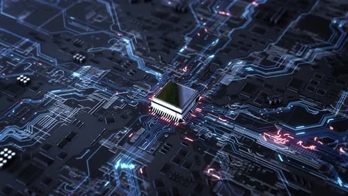 Fortschrittliche Mikrochip-Technologie, Prozessor, Mikrochip, montiert auf der Leiterplatte, aus der Daten fließen
