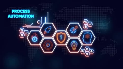 Neon Hexagons Displaying Process Automation Technology Icons