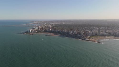 Stunning aerial view of Mar del Plata City and Atlantic Ocean at sunset. Argentina