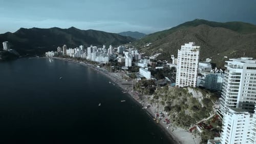 Beachfront Sunset Aerial 4k - Santa Marta - Colombia