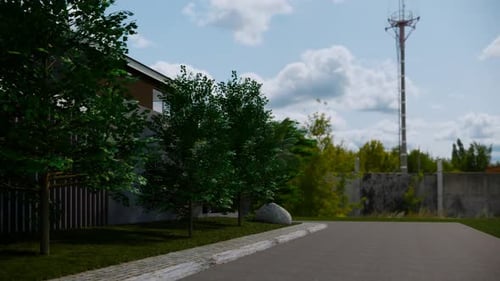 Animación 3D contemporánea de edificios alargados con detalles en rojo