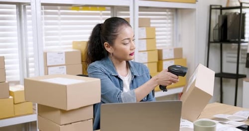 Woman Scanning Package Barcode Working at Laptop