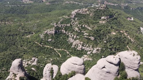Aerial views of Montserrat peaks, a mountain range in Catalonia