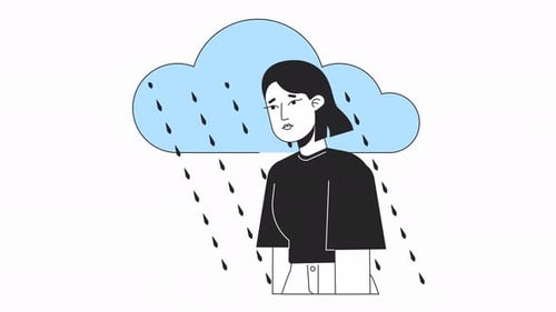 Minimalist Animation of a Sad Person Under Rain Cloud