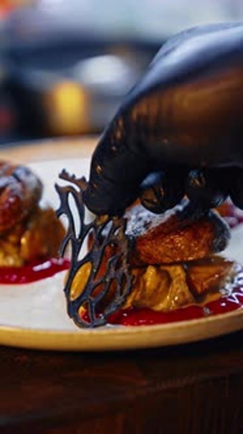 Delicious food preparation. Restaurant meal serving close up view. Vertical video.