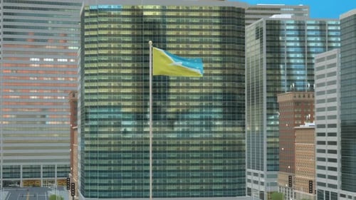 Waving Flag Animation Against Modern Cityscape Loop