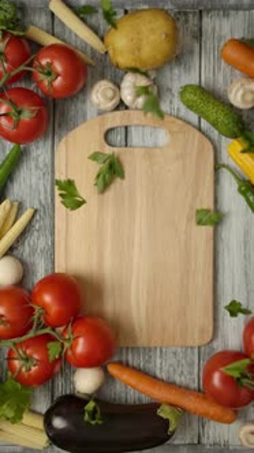 Vertical of Parsley Pieces Falling on a Cutting Board with Vegetables Around