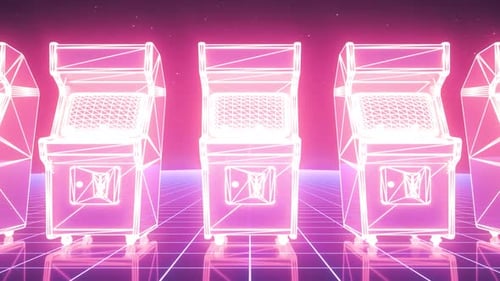 Futuristische Neon-Arcade-Automaten im Retro-Wireframe-Stil auf Grid-Hintergrund