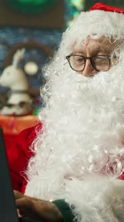 Vertical Video Man Portraying Santa Claus Replying Back to Letters From Kids on Laptop