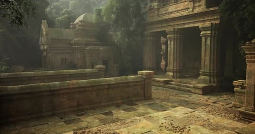 Ruines d'anciens temples entourées d'une jungle dense dans une douce lumière matinale