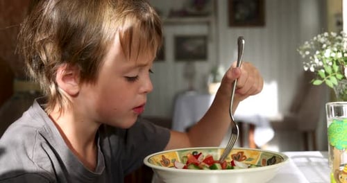 Boy Eating Fresh Salad at Dining Table