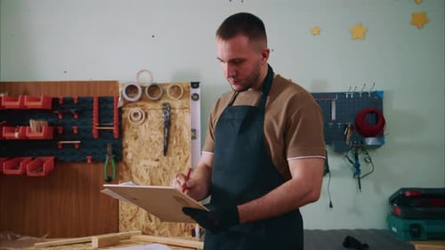 Carpenter Writing Notes on Clipboard in Workshop