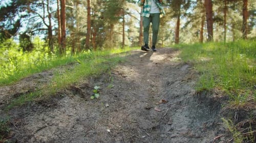 Man Tourist Walking in Forest Young Hiker Traveling and Hiking Alone Guy Wearing Backpack Summer