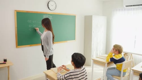 Group of student learn with teacher in classroom at elementary school.