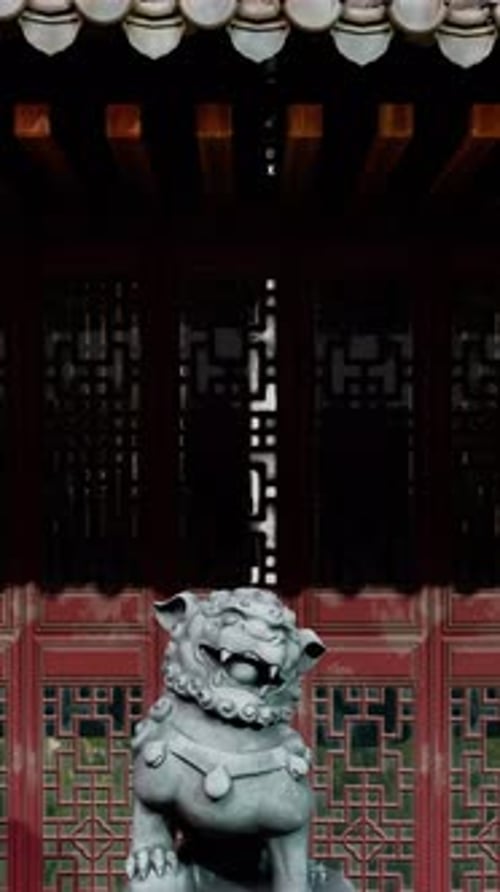 Animated Stone Guardian Lion Appears from Side