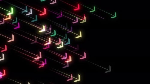 Neonpfeil mit Richtungsschild Fallender Regen auf Schwarz. Neonpfeil, der sich bewegt und die Animation ändert.