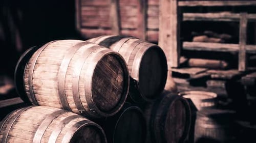 Rustic Wooden Barrels in a Dark Storage Cellar