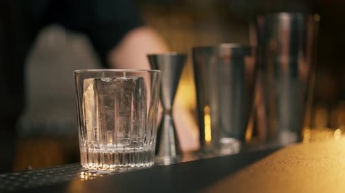 View of Cocktail Bar Counter with All the Tools for Preparing Cocktails in a Tiny Bar