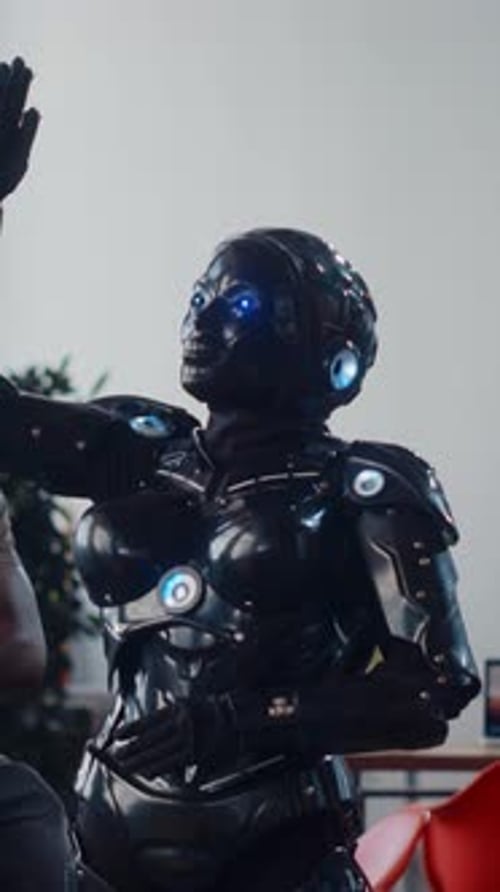 Eine außergewöhnliche und futuristische Roboterfigur, geschmückt mit markanten LED-Akzenten und Details