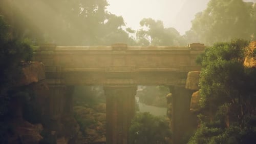 Ancient Stone Bridge Surrounded By Lush Greenery in a Misty Setting