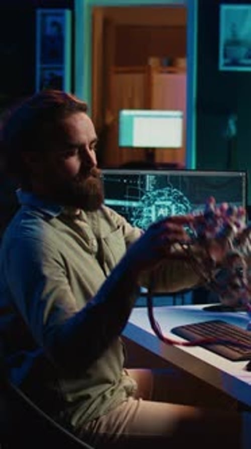 Vertical Video Man Puts EEG Headset on to Transfer Mind Into Computer Virtual World
