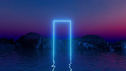 Glowing neon portal emerging from water with rocks and sunset sky