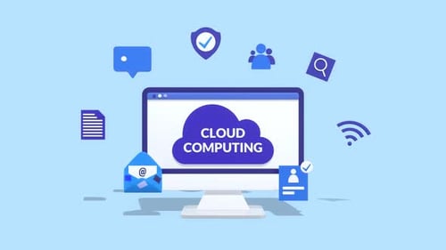 Animated Monitor with Cloud Computing Icons. Data Storage, Data Computing and Security Animation.