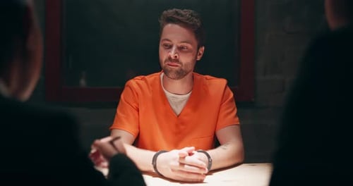 Man, interview and statement in prison for crime, arrest with legal interrogation or police