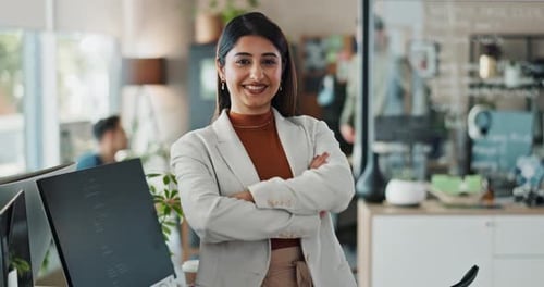 Woman, office and happy with arms crossed for coding, programing and system update as software