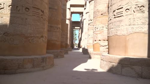 Columns with hieroglyphs inside the temple of Karnak, the great sanctuary of Amun. Egypt