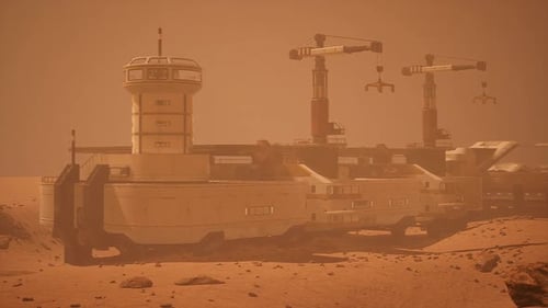 Mars Colony Settlement Showcasing Structures and Activity During a Dust Storm